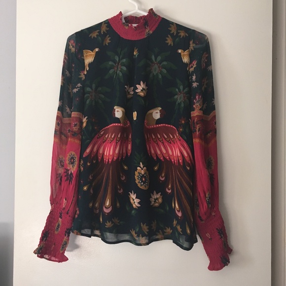 FARM RIO Multicolor Macaw Chiffon Smocked Blouse XXS - Picture 6 of 11